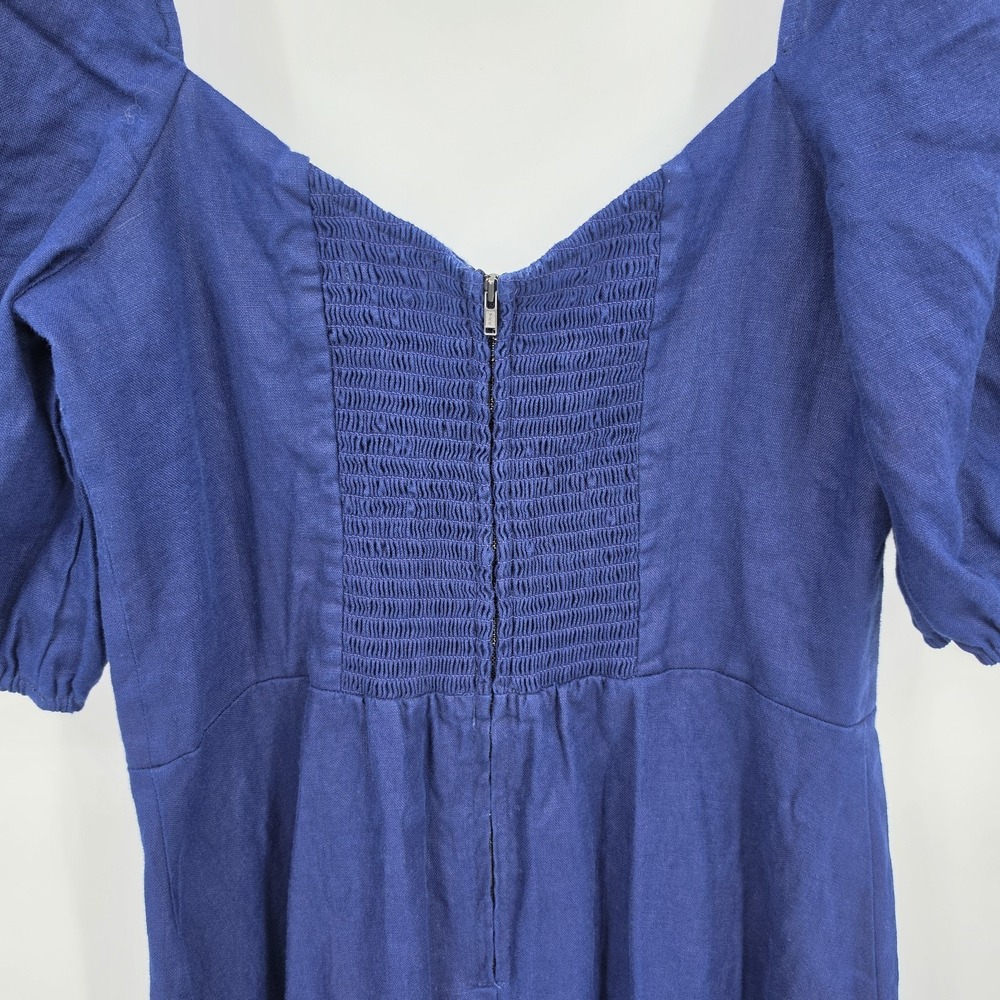 REFORMATION Belgium Linen Midi Dress Navy Blue Side Slit Puff Sleeve Sz 12 - Picture 12 of 16